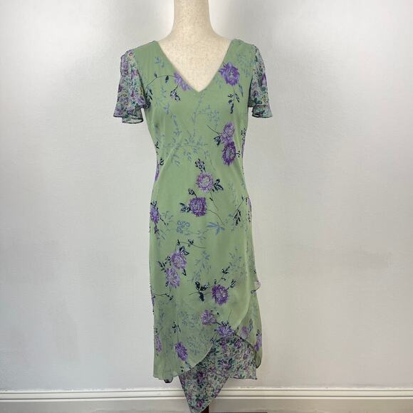 Eva Blue Dresses & Skirts - Vintage 90s y2k Eva Blue Green Purple Fairy Whimsy Floral Midi Dress Size Small